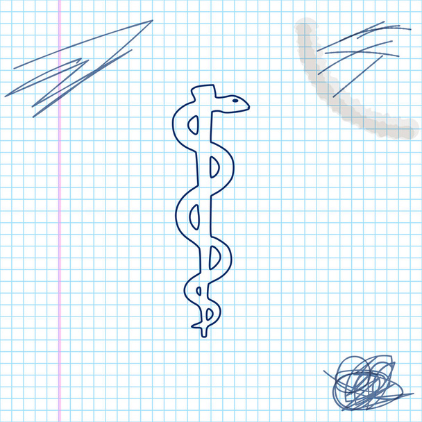 Ράβδος του Ασκληπιού φίδι κουλουριασμένο επάνω γραμμή σιλουέτα σκίτσο εικονίδιο σε λευκό φόντο. Έννοια της ιατρικής και της υγειονομικής περίθαλψης. Έμβλημα για φαρμακείο ή φάρμακο, σύμβολο φαρμακείων. Απεικόνιση διανυσματικών φορέων - Διάνυσμα, εικόνα