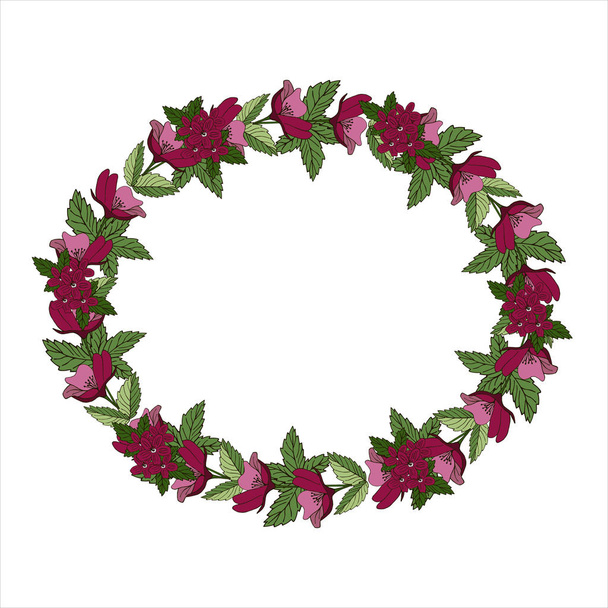 Isolated vector illustration. Abstract round floral decor or frame, a wreath of flowers. Vintage style - Vektör, Görsel