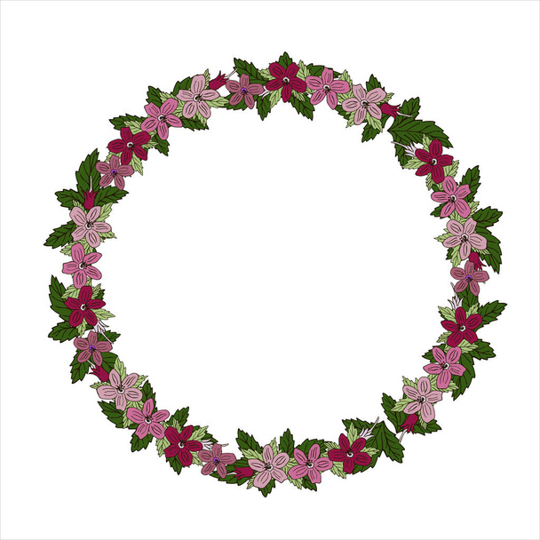 Isolated vector illustration. Abstract round floral decor or frame, a wreath of flowers. Vintage style - Vector, imagen