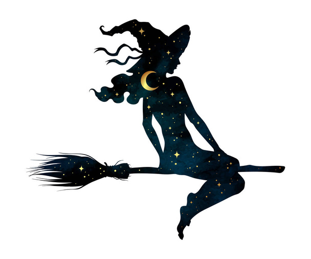 Silhouette of beautiful witch girl on a broom with crescent moon and stars in profile isolated hand drawn vector illustration - Vector, Image