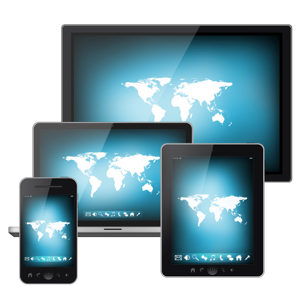 Мобільний телефон, планшетний ПК, ноутбук і телевізор ізольовані на білому тлі
 - Фото, зображення