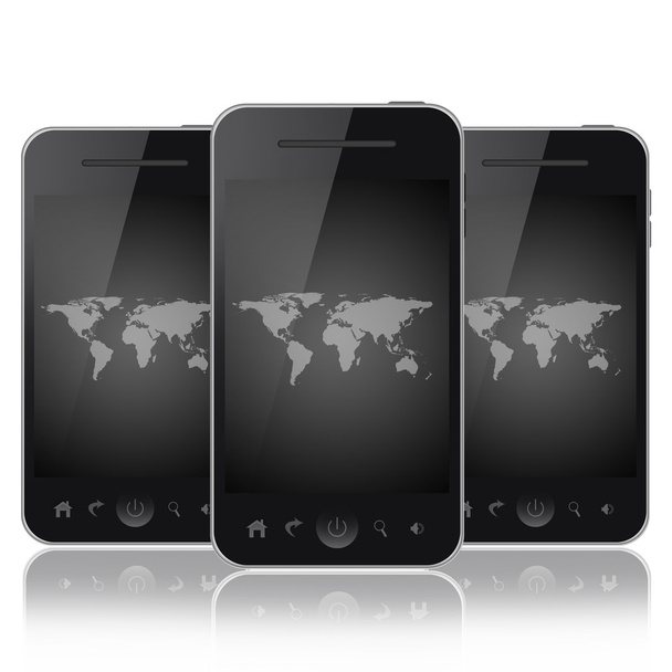 Mobiltelefone mit grauer Weltkarte auf einem Bildschirm isoliert auf weißem Hintergrund - Foto, Bild