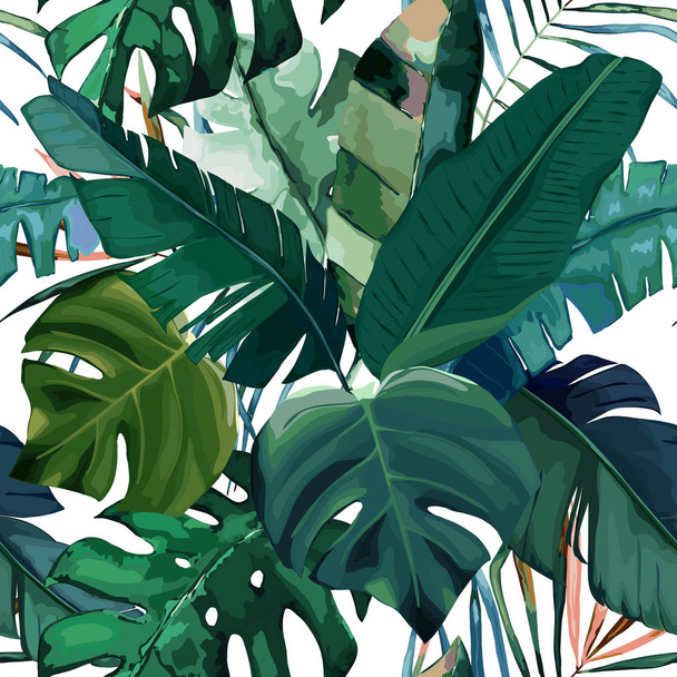 ジャングルエキゾチックなシームレスなパターン、緑の熱帯の葉、夏のve - ベクター画像