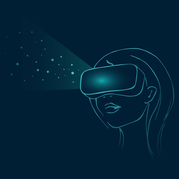 Nő visel virtuális valóság headset és néztem absztrakt pöttyökkel. Absztrakt VR világ neon vonalak. Virtuális valóság szemüveg. Kapcsolat absztrakt vektorszerkezete. Vektoros illusztráció - Vektor, kép