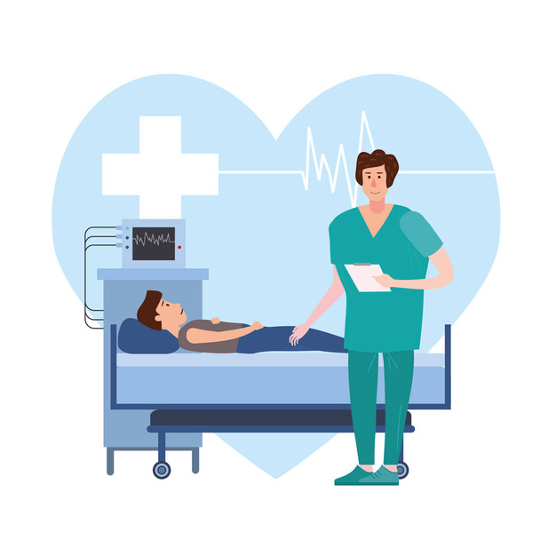Medical doctor consulting patient young men in a medical bed the hospital room. Hospitalization of the patient. Medicine and healthcare concept. Vector illustration flat cartoon character - Vecteur, image
