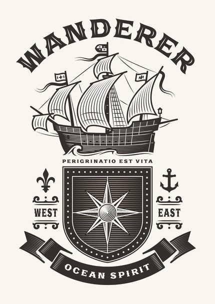 Vintage Nautical Wanderer Typography (One Color) (en inglés). Camiseta y gráficos de etiquetas en estilo woodcut. Ilustración de vectores EPS10 editables
. - Vector, imagen