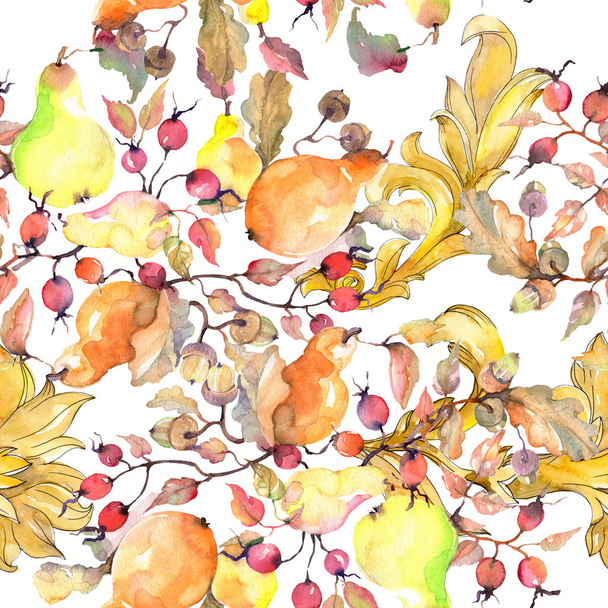 Branch of pears with rose hips fruit. Watercolor background illustration set. Seamless background pattern. - Fotoğraf, Görsel