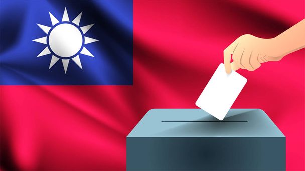 Mão masculina coloca uma folha branca com uma marca como símbolo de uma cédula contra o fundo da bandeira de Taiwan, Taiwan o símbolo das eleições
 - Vetor, Imagem