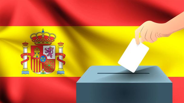 Mieskäsi laittaa alas valkoisen paperiarkin, jossa on merkintä vaalilehden symbolina Espanjan lipun taustaa vasten vaalien symboli
 - Vektori, kuva