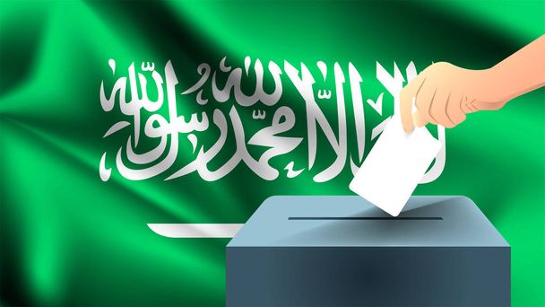 Το αρσενικό χέρι βάζει κάτω ένα λευκό φύλλο χαρτί με ένα σημάδι ως σύμβολο της ψηφοφορίας στο φόντο της σημαίας της Σαουδικής Αραβίας, η Σαουδική Αραβία το σύμβολο των εκλογών - Διάνυσμα, εικόνα