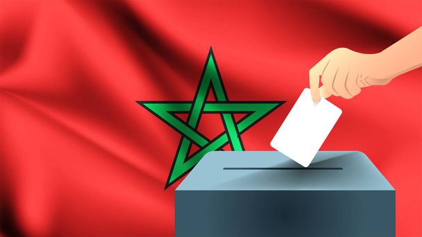 Mano masculina pone una hoja blanca de papel con una marca como símbolo de una papeleta de votación sobre el fondo de la bandera de Marruecos, morocco el símbolo de las elecciones
 - Vector, Imagen