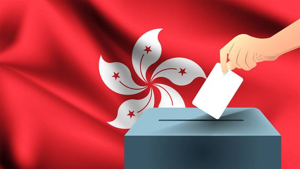 Mão masculina coloca para baixo uma folha branca de papel com uma marca como um símbolo de uma cédula de papel contra o fundo da bandeira de Hong Kong, hong kong o símbolo das eleições
 - Vetor, Imagem