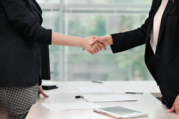 Two beautiful young women in business suits shake hands and smile. Hiring a job. Signing the agreement. Women at work. - Foto, imagen