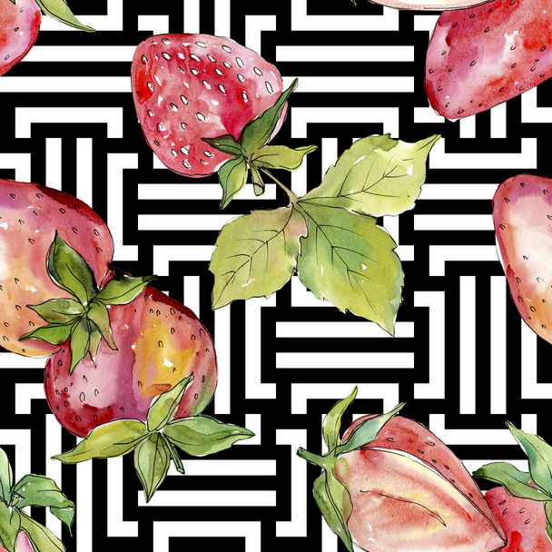 Strawberry healthy food fresh berry. Watercolor background illustration set. Seamless background pattern. - Φωτογραφία, εικόνα