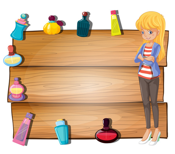 bir kız ve parfüm şişeleri ile boş bir tabela - Vektör, Görsel