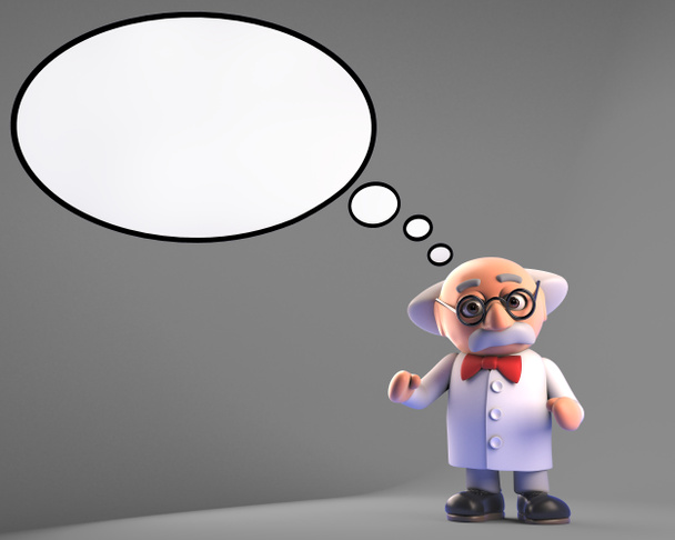 Mad scientist professor has no idea in his blank thought bubble, 3d illustration - Photo, Image