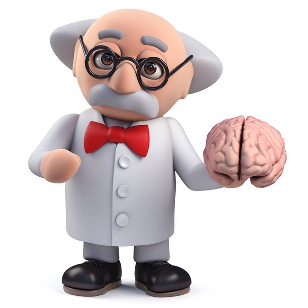 3D wetenschapper karakter houden van een menselijk brein - Foto, afbeelding