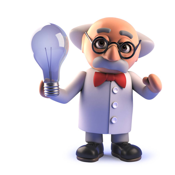 Мультяшний божевільний вчений персонаж тримає лампочку в 3d
 - Фото, зображення