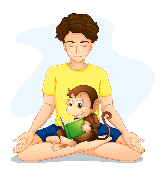 A boy doing yoga with a monkey reading - Vector, Image