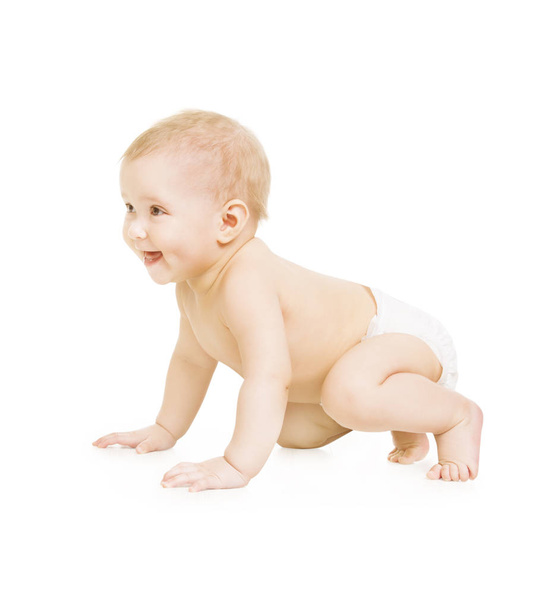 Crawling Baby, csecsemő kölyök feltérképezés a fehér háttér, boldog gyermek - Fotó, kép
