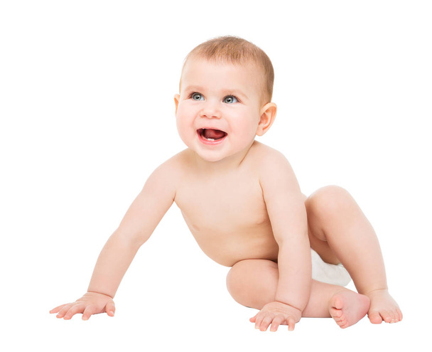 Baby in Diaper, Infant Kid Sitting on white background, Happy Girl - Foto, afbeelding