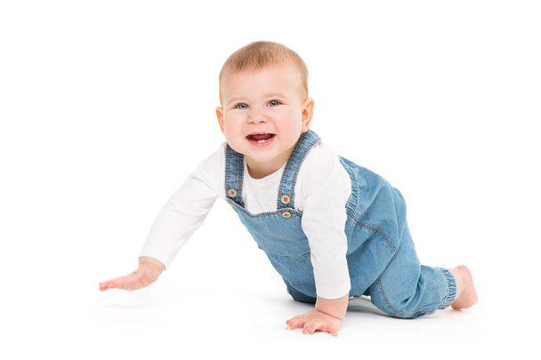 Crawling Baby, Infant Kid Crawl on white background, Happy Child - Foto, Imagem