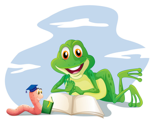 An earthworm and a frog reading - Vector, Image