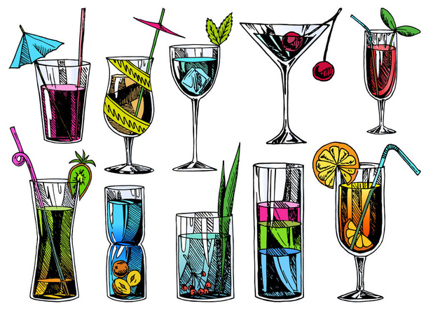 Hand drawn cocktails. Vintage glasses with liquors and alcoholic drinks, summer drinks sketch menu. Vector tropical vintage beverages illustrations set. - Vector, Image