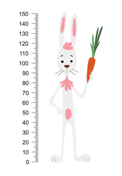 Konijn muur meter. Schattig konijntje met een geschenk op een achtergrond van bloemen. Stadiometer. Vector illustratie. - Vector, afbeelding