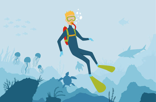 Vector cartoon style underwater background with sea flora and fauna. Coral reef, sea plants and fishes silhouettes. Scuba Diver explores the bottom of the sea. Diving club banner. - Vettoriali, immagini