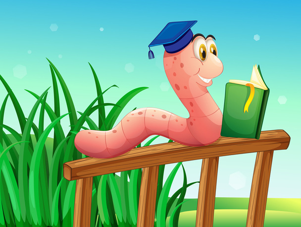 een worm lezen van een boek boven het hek - Vector, afbeelding