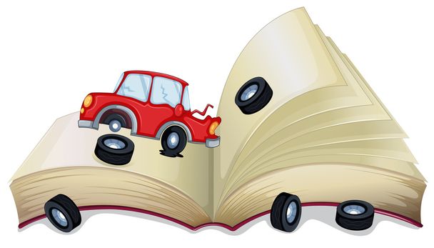 Un libro de cuentos abierto con un coche roto
 - Vector, imagen