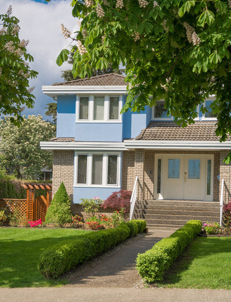郊外の前庭に緑の芝生を持つ美しい家族の家 - 写真・画像
