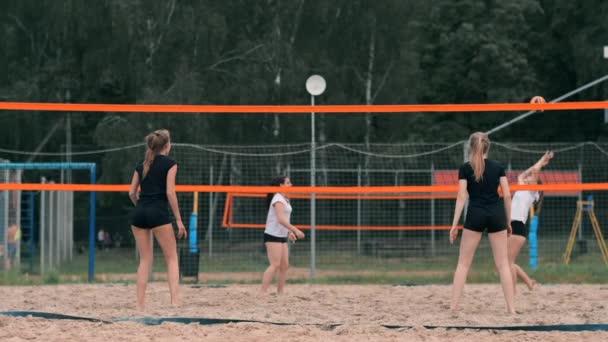 Négy lányok röplabda játékos játszik a strandon a nyáron részt vesz a versenyen lassítva a homokon. - Felvétel, videó