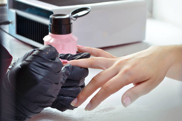 Manicurist girl paints pink gel polish on nails, on the background of pink bottle and dryer - Photo, Image