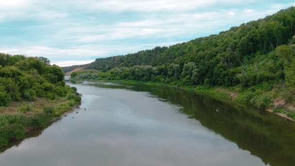 Όμορφη εναέρια θέα 4K πάνω από τον ποταμό, κατά μήκος των αγρών και των δασών - Πλάνα, βίντεο