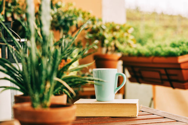 Cozy summer balcony with many potted plants, cup of tea and old vintage book - Photo, Image