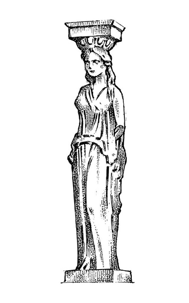 griechische Säulenstatue in Griechenland. Frau im antiken alten Stil. Handgezeichnete gravierte Vintage-Skizze für Poster, Banner oder Website. - Vektor, Bild