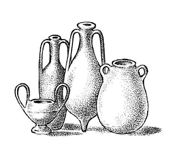 Starověká řecká keramika. Řecké hliněné květináče nebo vázy ve starodávným starožitným stylu. Kreslená vyřezávané kresba z kresleného plakátu, nápisu nebo webové stránky. - Vektor, obrázek