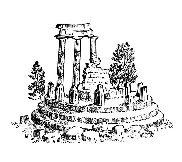 Ruins of ancient Greece. Greek columns, landscape in vintage style. Hand drawn engraved vintage sketch for poster, banner or web site. - Vector, Image