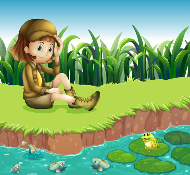 dívka, která nosí klobouk sedí na břehu řeky - Vektor, obrázek