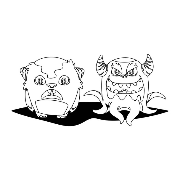 Lustige Monster paaren Comic-Figuren monochrom - Vektor, Bild