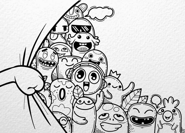 Kurtyna otwierana ręcznie, z tyłu śmieszne potwór grupy, ilustracja Monsters i cute Alien przyjazny cool cute ręcznie rysowane Monsters kolekcja - Wektor, obraz