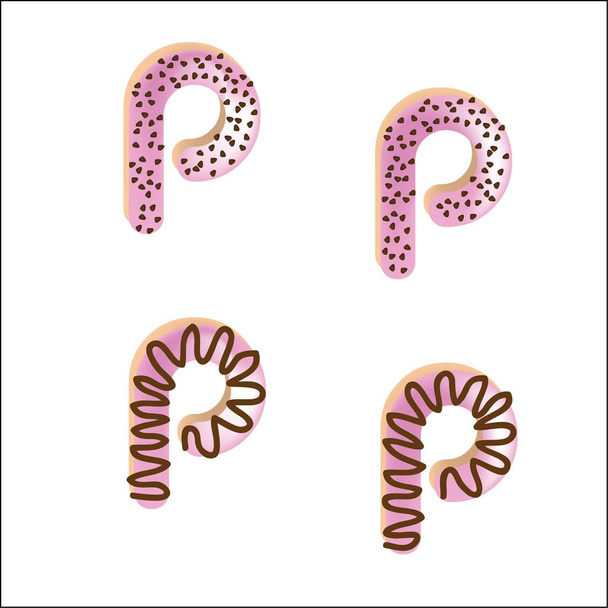 sweet donuts with pink glaze in form of P letters flat icons isolated on white background, vector, illustration - Vetor, Imagem