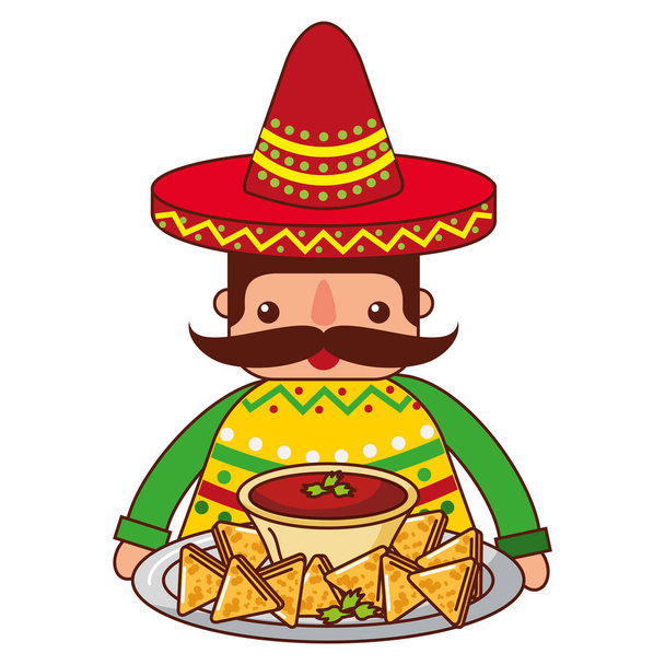 mexican man with hat and food - Vector, Image