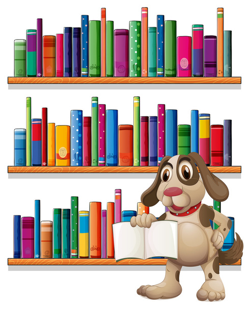 een hond houden een boek voor de boekenplanken - Vector, afbeelding