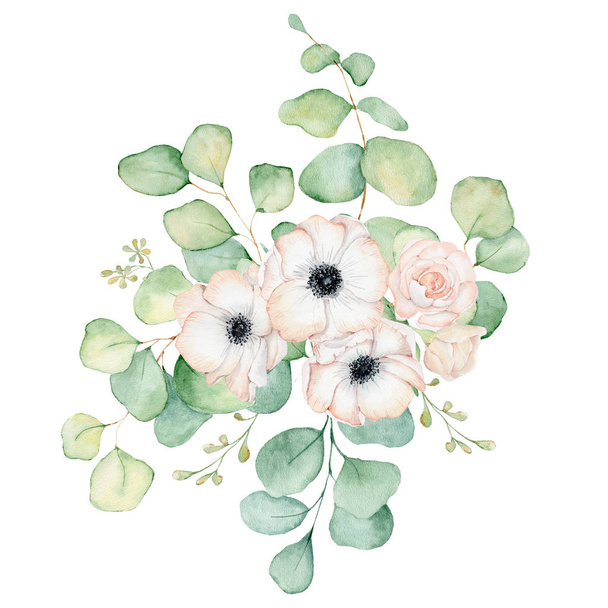 Anemone flowers and eucalyptus leaves watercolor bouquet illustration - Фото, зображення