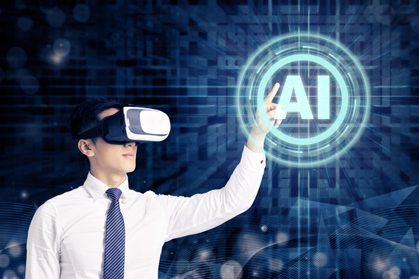 Businessman in VR glasses and pointing at glowing digital Artifi - Photo, Image