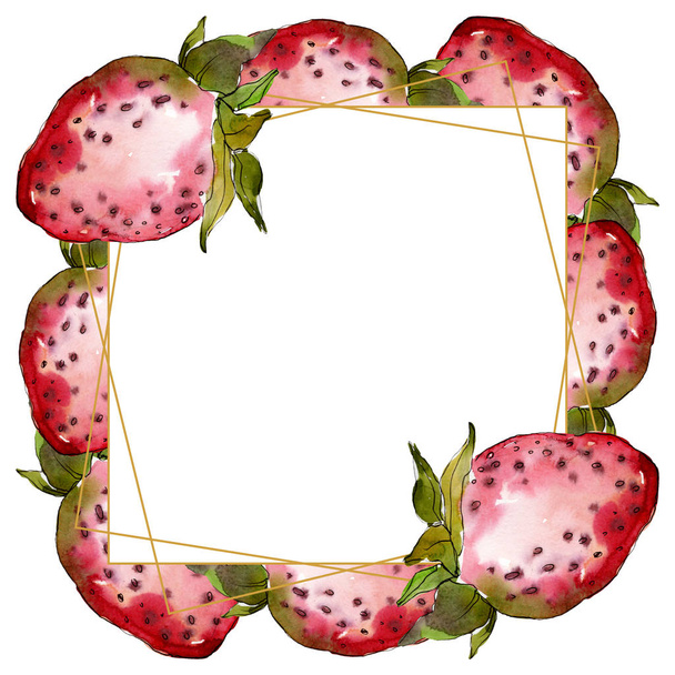 Strawberry healthy food fresh berry. Watercolor background illustration set. Frame border ornament square. - Valokuva, kuva