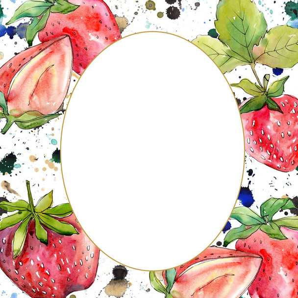 Strawberry healthy food fresh berry. Watercolor background illustration set. Frame border ornament square. - Photo, Image